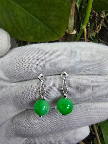 Inazawa 10 mm Dangling Beads Bright Green Burmese A-Jade Earrings (with 18K White Gold and White Diamonds) - Certified