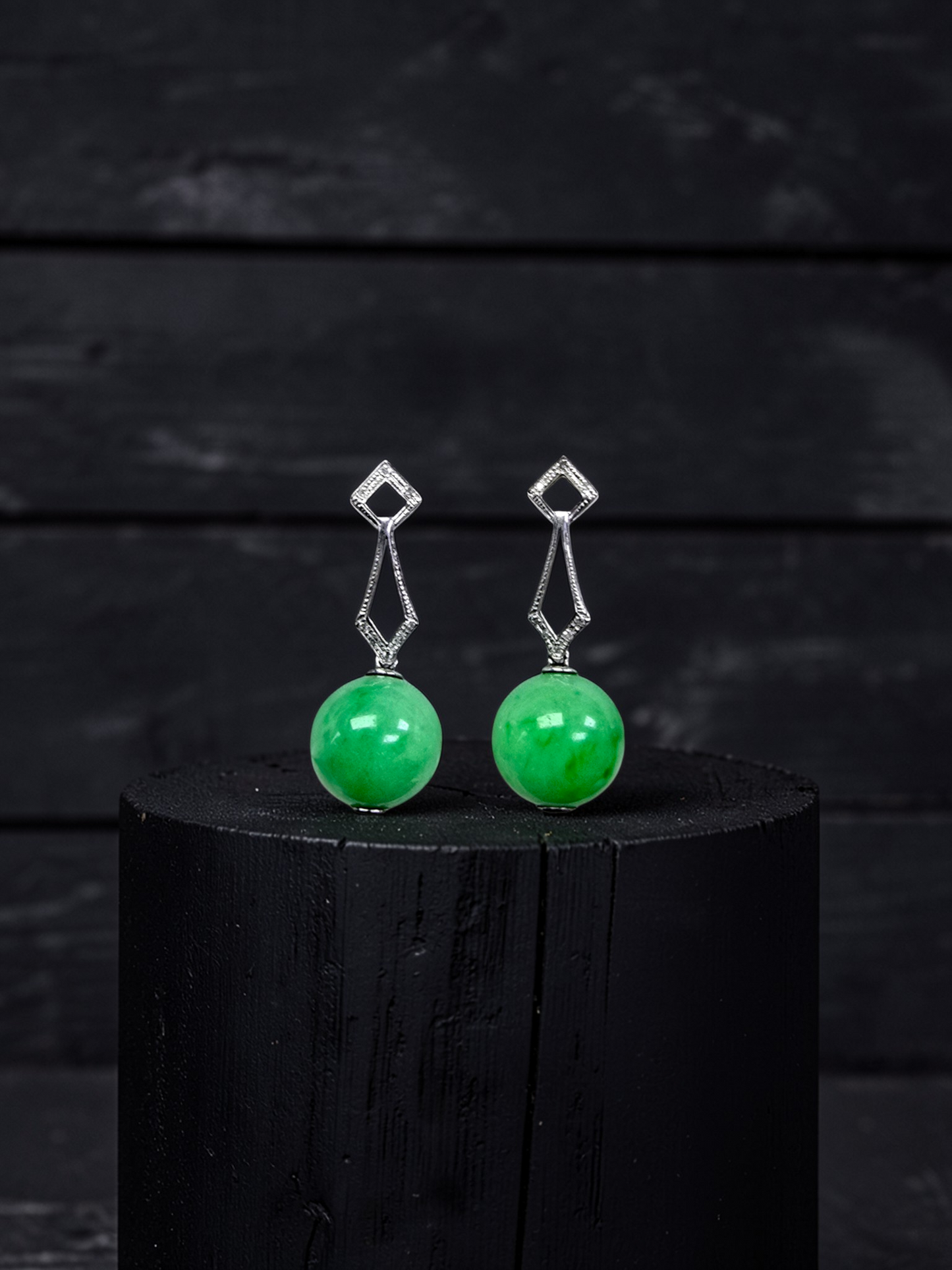 Inazawa 10 mm Dangling Beads Bright Green Burmese A-Jade Earrings (with 18K White Gold and White Diamonds) - Certified