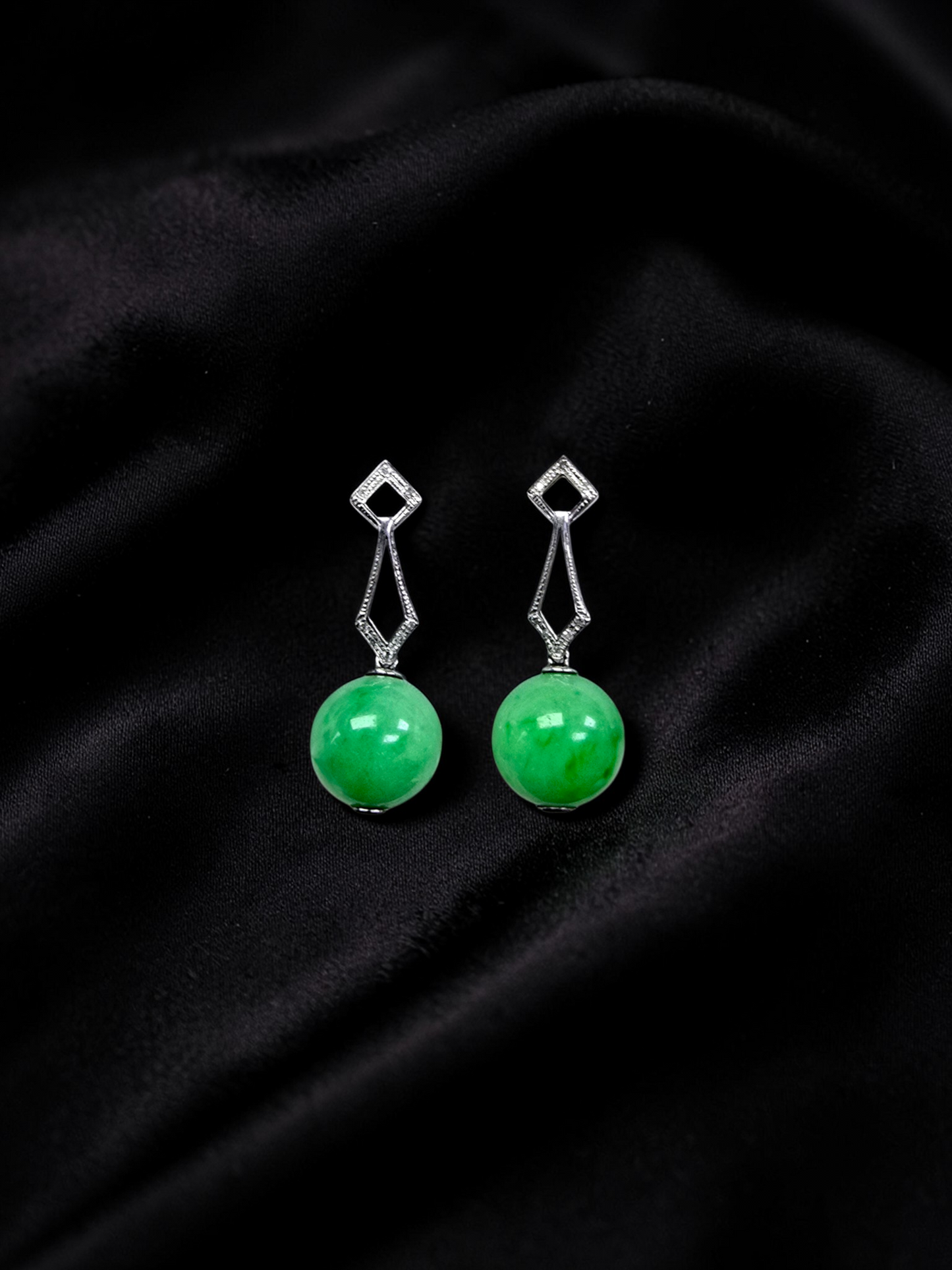 Inazawa 10 mm Dangling Beads Bright Green Burmese A-Jade Earrings (with 18K White Gold and White Diamonds) - Certified
