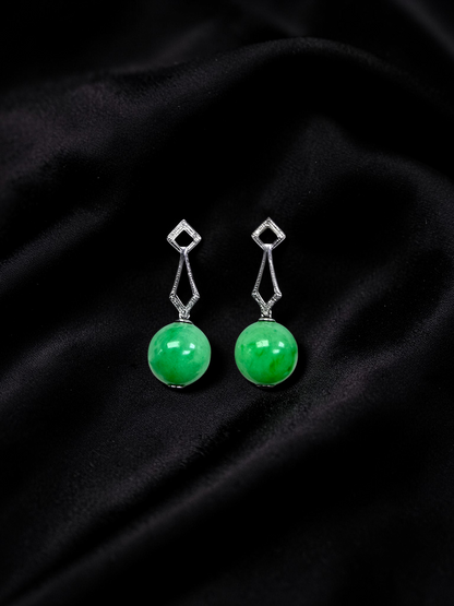 Inazawa 10 mm Dangling Beads Bright Green Burmese A-Jade Earrings (with 18K White Gold and White Diamonds) - Certified
