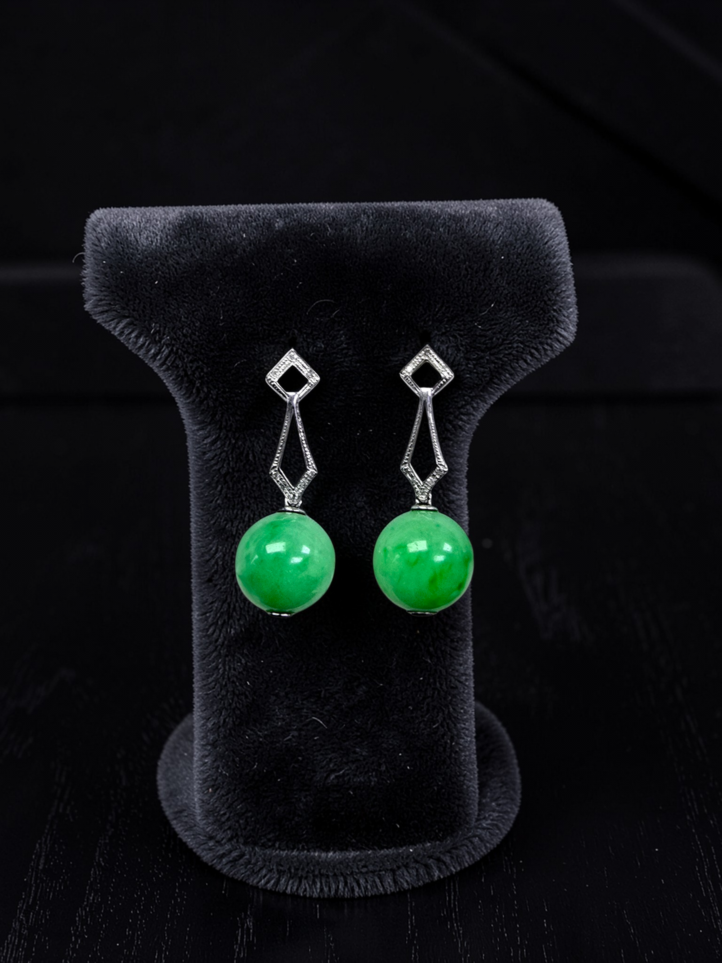 Inazawa 10 mm Dangling Beads Bright Green Burmese A-Jade Earrings (with 18K White Gold and White Diamonds) - Certified