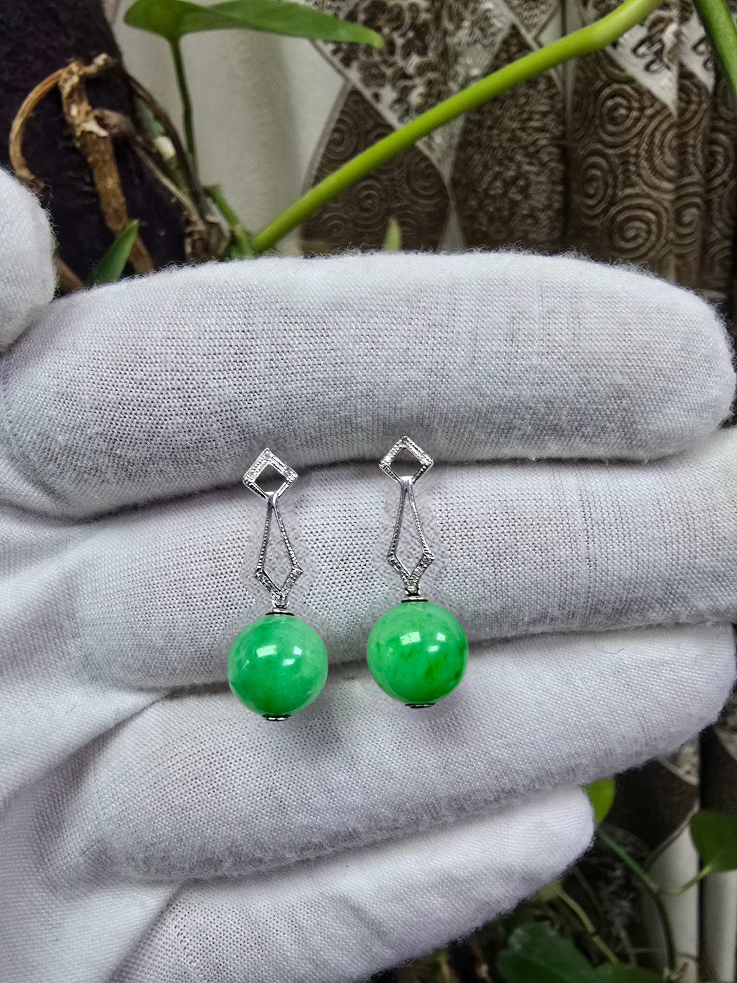Inazawa 10 mm Dangling Beads Bright Green Burmese A-Jade Earrings (with 18K White Gold and White Diamonds) - Certified