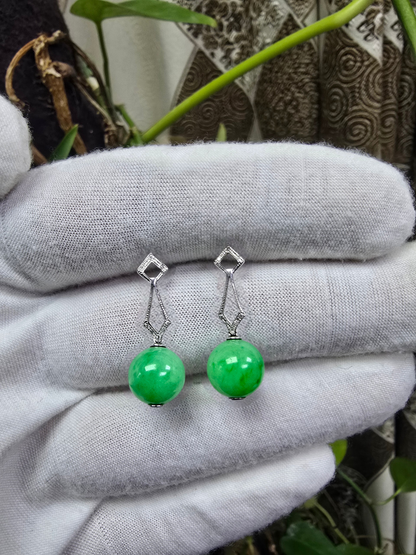Inazawa 10 mm Dangling Beads Bright Green Burmese A-Jade Earrings (with 18K White Gold and White Diamonds) - Certified