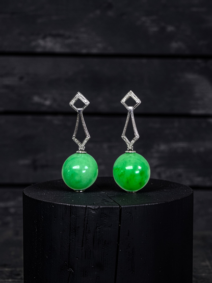 Inazawa 10 mm Dangling Beads Bright Green Burmese A-Jade Earrings (with 18K White Gold and White Diamonds) - Certified