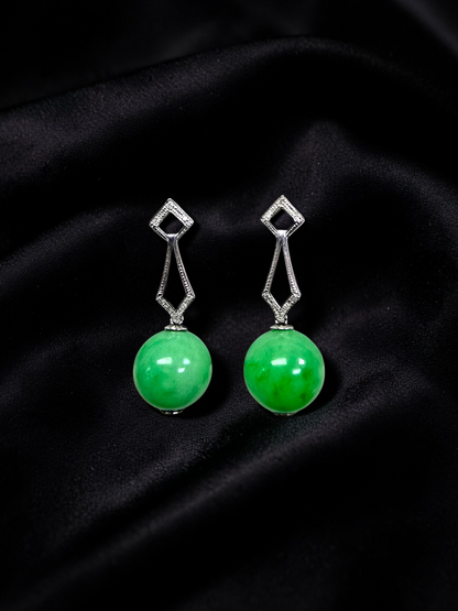 Inazawa 10 mm Dangling Beads Bright Green Burmese A-Jade Earrings (with 18K White Gold and White Diamonds) - Certified