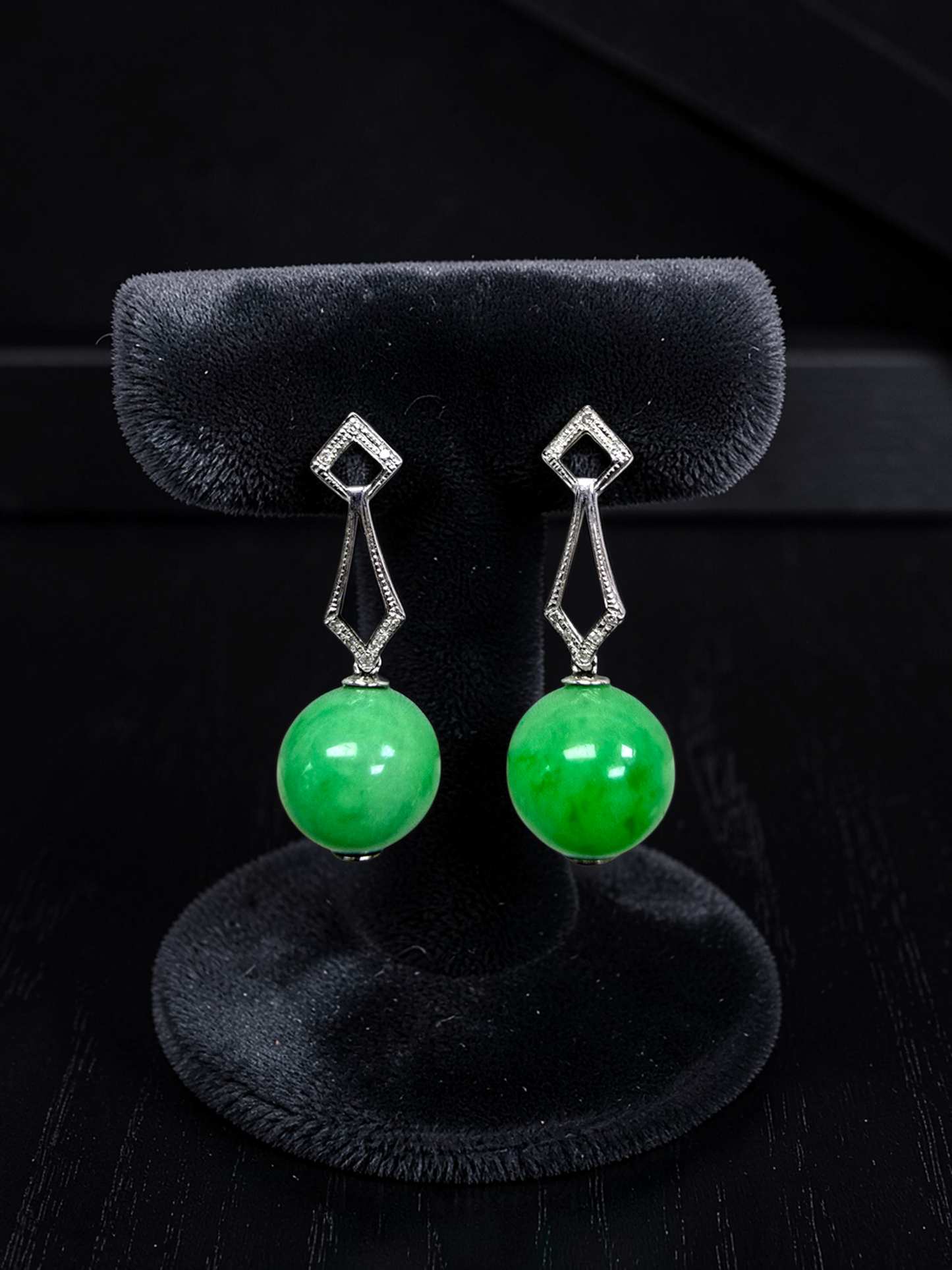 Inazawa 10 mm Dangling Beads Bright Green Burmese A-Jade Earrings (with 18K White Gold and White Diamonds) - Certified
