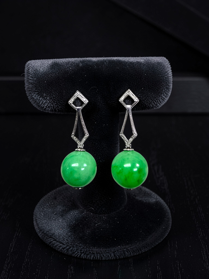 Inazawa 10 mm Dangling Beads Bright Green Burmese A-Jade Earrings (with 18K White Gold and White Diamonds) - Certified