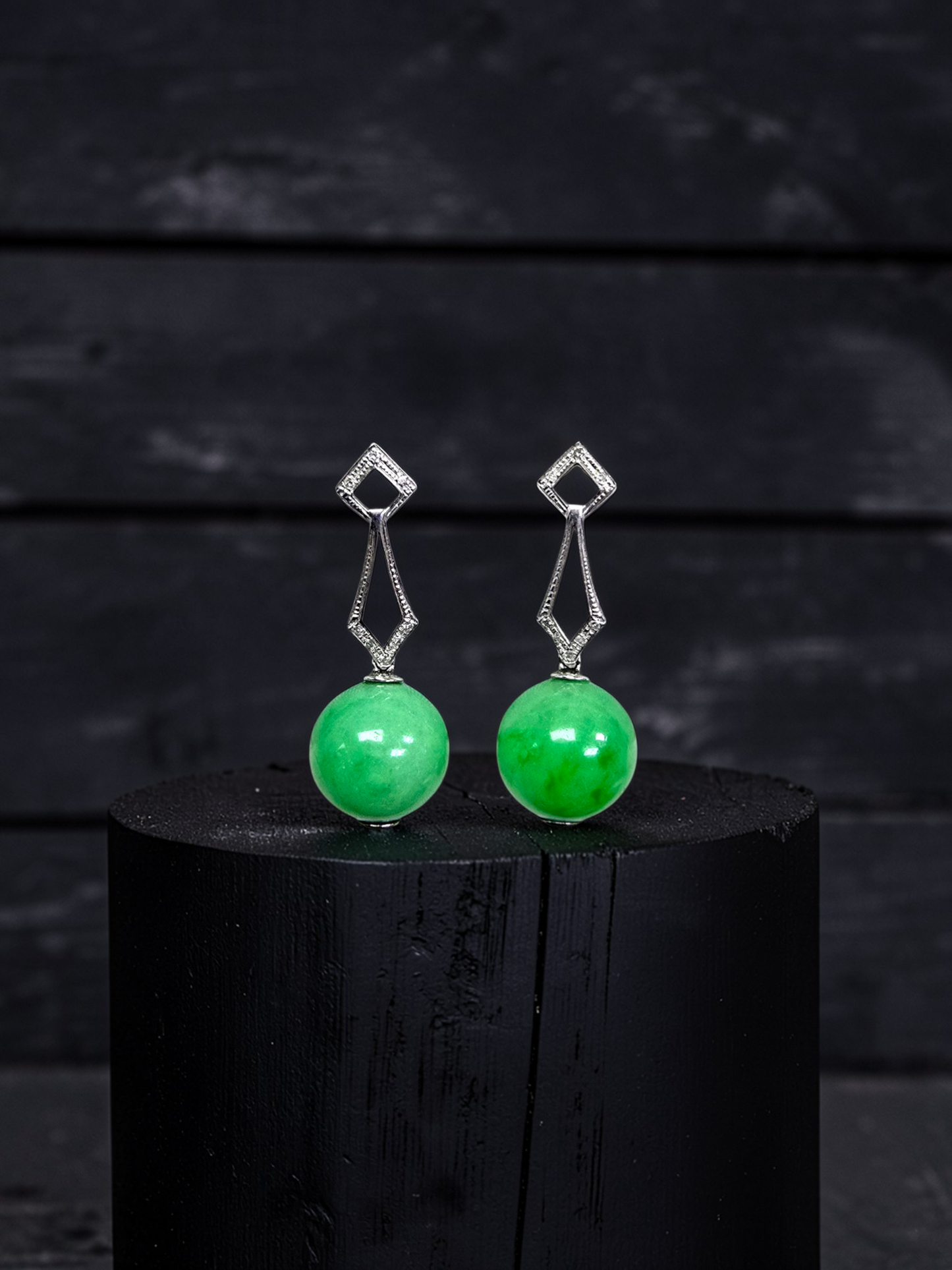 Inazawa 10 mm Dangling Beads Bright Green Burmese A-Jade Earrings (with 18K White Gold and White Diamonds) - Certified