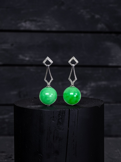 Inazawa 10 mm Dangling Beads Bright Green Burmese A-Jade Earrings (with 18K White Gold and White Diamonds) - Certified