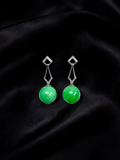 Inazawa 10 mm Dangling Beads Bright Green Burmese A-Jade Earrings (with 18K White Gold and White Diamonds) - Certified