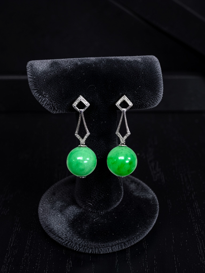 Inazawa 10 mm Dangling Beads Bright Green Burmese A-Jade Earrings (with 18K White Gold and White Diamonds) - Certified