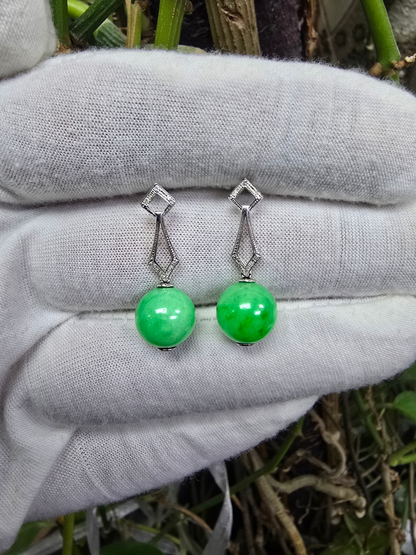 Inazawa 10 mm Dangling Beads Bright Green Burmese A-Jade Earrings (with 18K White Gold and White Diamonds) - Certified