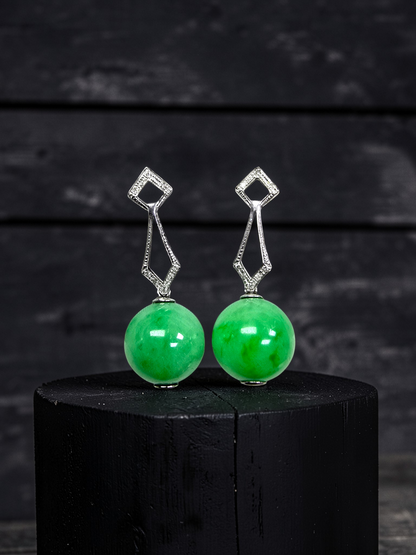 Inazawa 10 mm Dangling Beads Bright Green Burmese A-Jade Earrings (with 18K White Gold and White Diamonds) - Certified