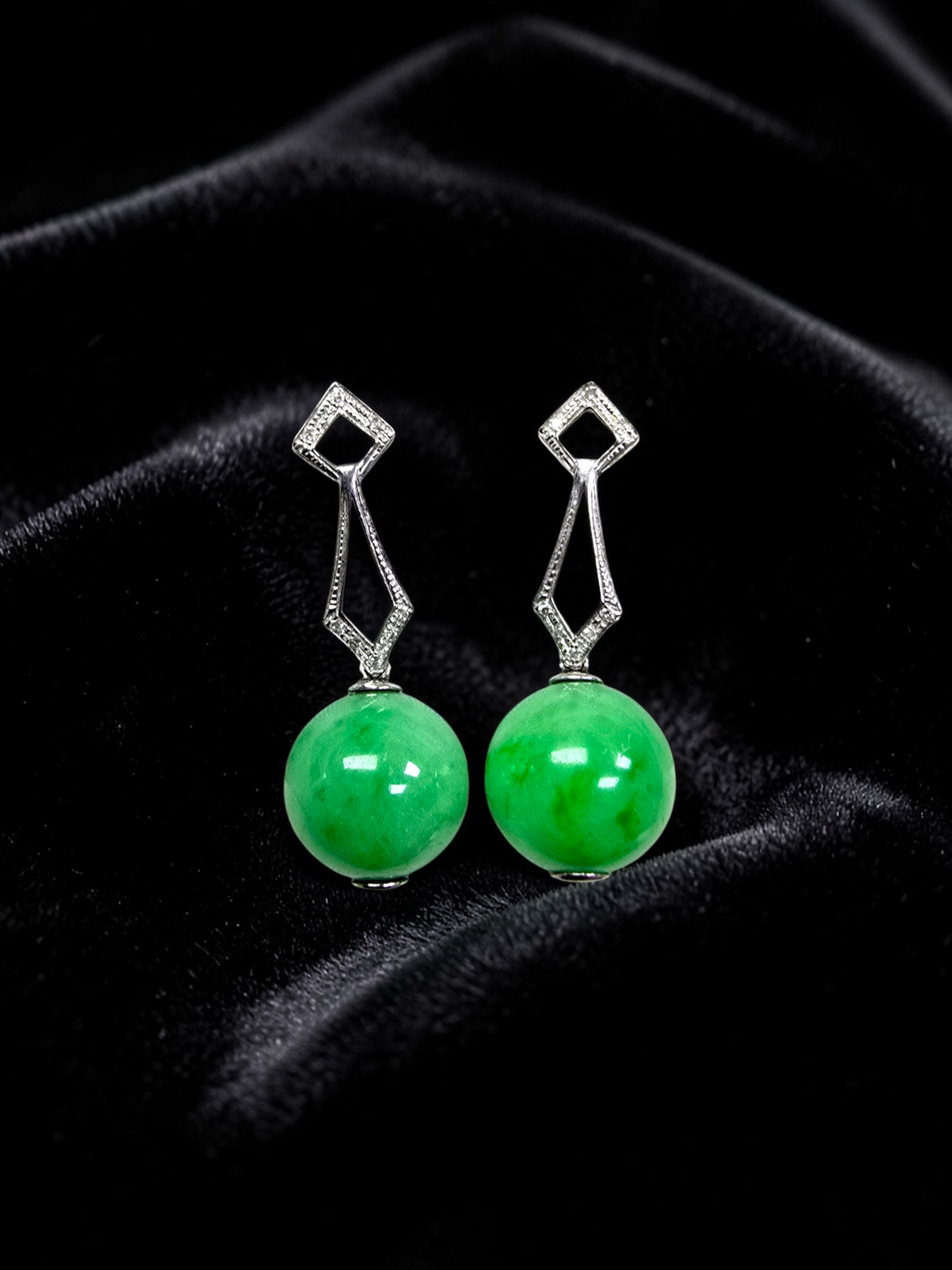 Inazawa 10 mm Dangling Beads Bright Green Burmese A-Jade Earrings (with 18K White Gold and White Diamonds) - Certified