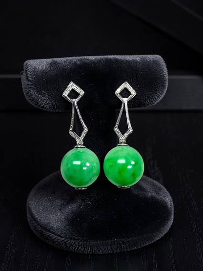Inazawa 10 mm Dangling Beads Bright Green Burmese A-Jade Earrings (with 18K White Gold and White Diamonds) - Certified