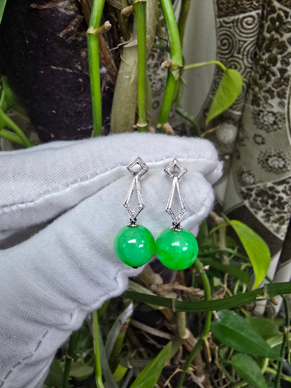 Inazawa 10 mm Dangling Beads Bright Green Burmese A-Jade Earrings (with 18K White Gold and White Diamonds) - Certified