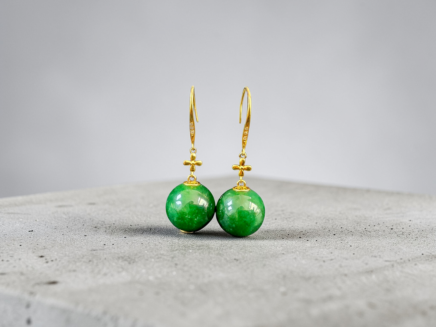 Kiyosu 11.50 mm Dangling Beads Deep Intense Green Burmese A-Jade French Hook Earrings (with 18K Yellow Gold and White Diamonds) - Certified