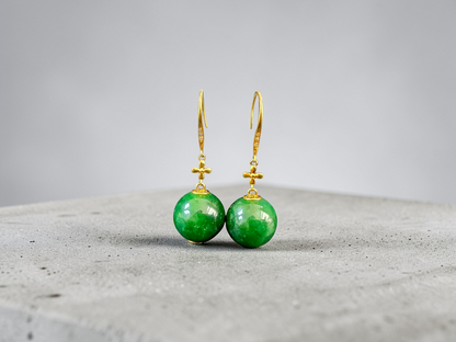 Kiyosu 11.50 mm Dangling Beads Deep Intense Green Burmese A-Jade French Hook Earrings (with 18K Yellow Gold and White Diamonds) - Certified