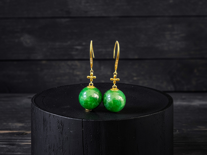 Kiyosu 11.50 mm Dangling Beads Deep Intense Green Burmese A-Jade French Hook Earrings (with 18K Yellow Gold and White Diamonds) - Certified