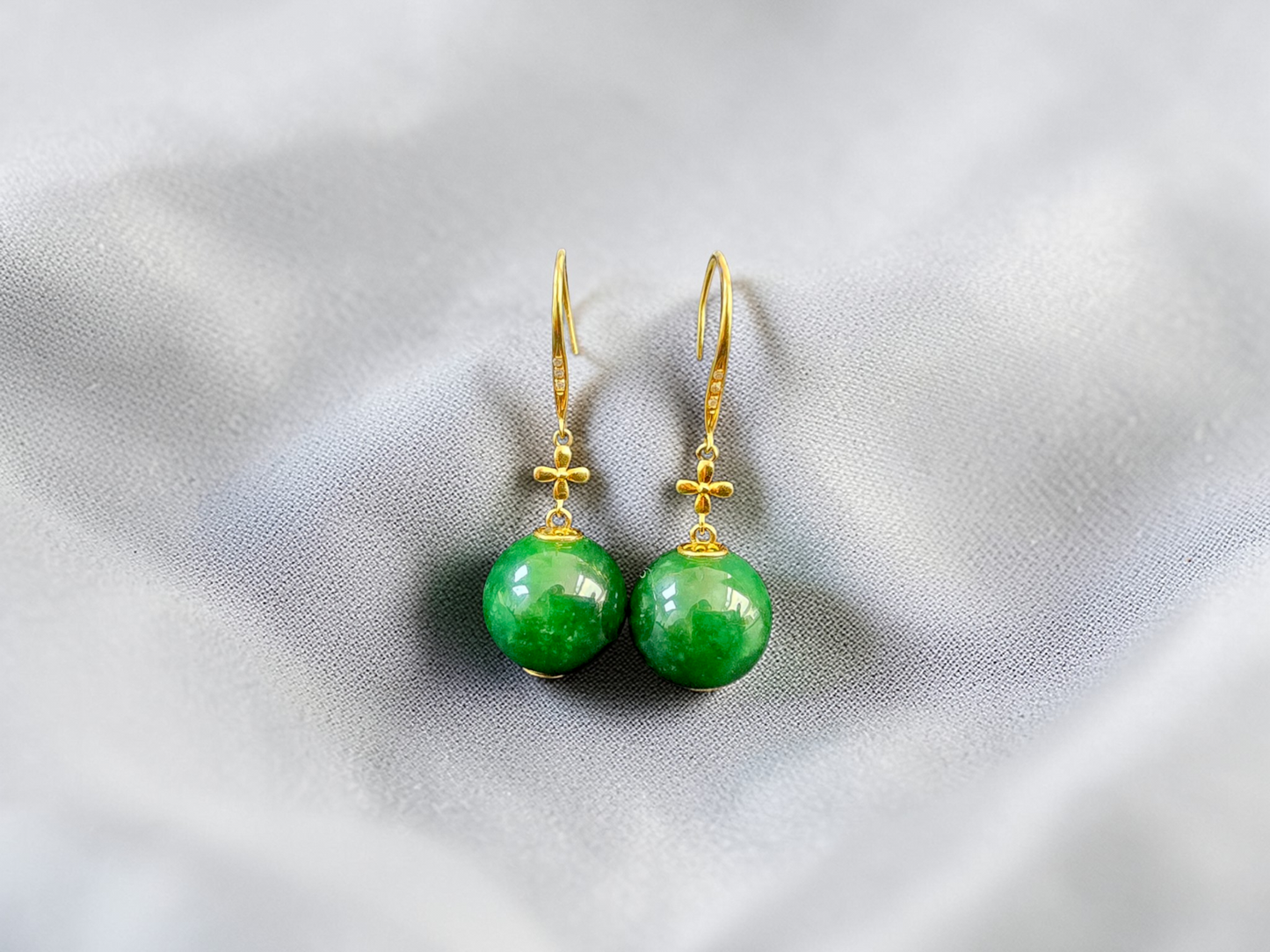 Kiyosu 11.50 mm Dangling Beads Deep Intense Green Burmese A-Jade French Hook Earrings (with 18K Yellow Gold and White Diamonds) - Certified