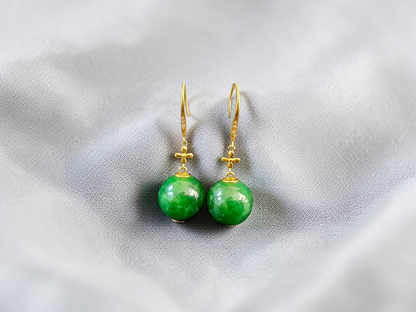 Kiyosu 11.50 mm Dangling Beads Deep Intense Green Burmese A-Jade French Hook Earrings (with 18K Yellow Gold and White Diamonds) - Certified