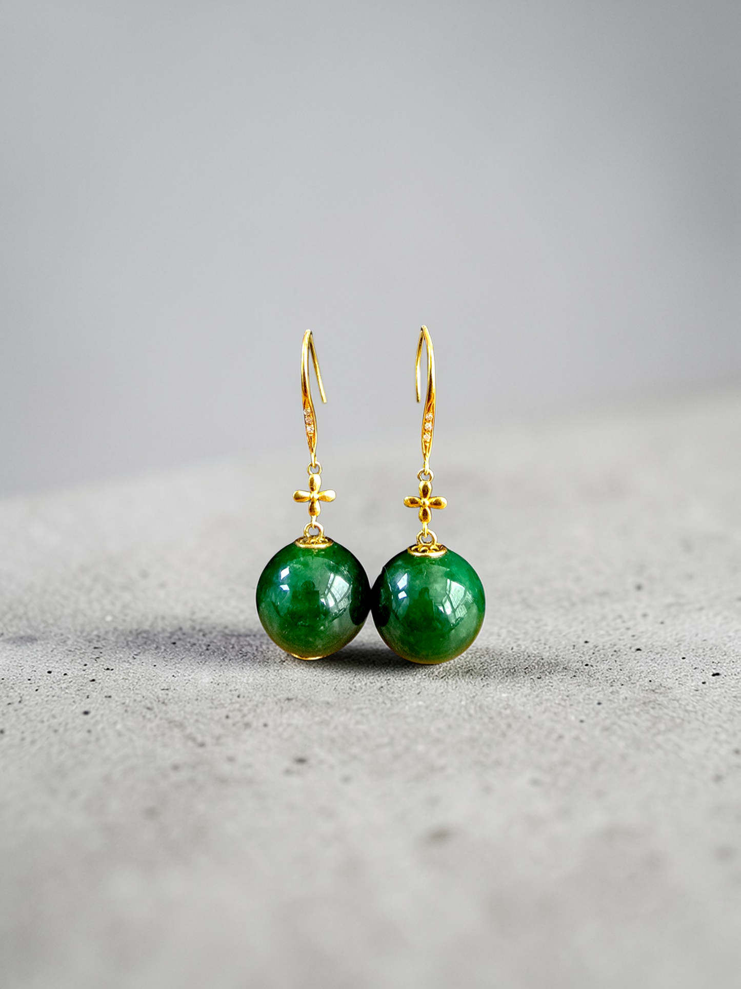 Kiyosu 11.50 mm Dangling Beads Deep Intense Green Burmese A-Jade French Hook Earrings (with 18K Yellow Gold and White Diamonds) - Certified