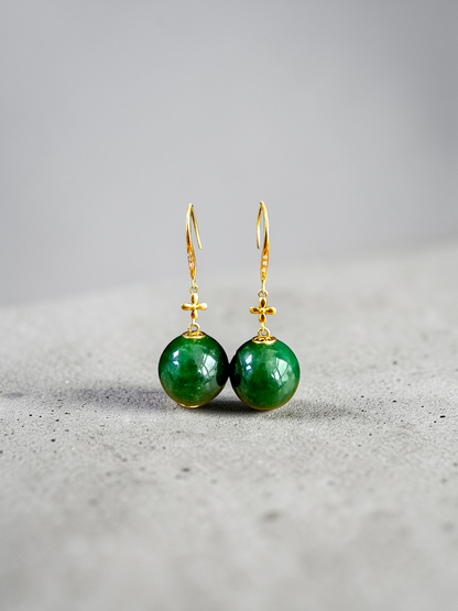 Kiyosu 11.50 mm Dangling Beads Deep Intense Green Burmese A-Jade French Hook Earrings (with 18K Yellow Gold and White Diamonds) - Certified