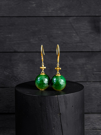 Kiyosu 11.50 mm Dangling Beads Deep Intense Green Burmese A-Jade French Hook Earrings (with 18K Yellow Gold and White Diamonds) - Certified