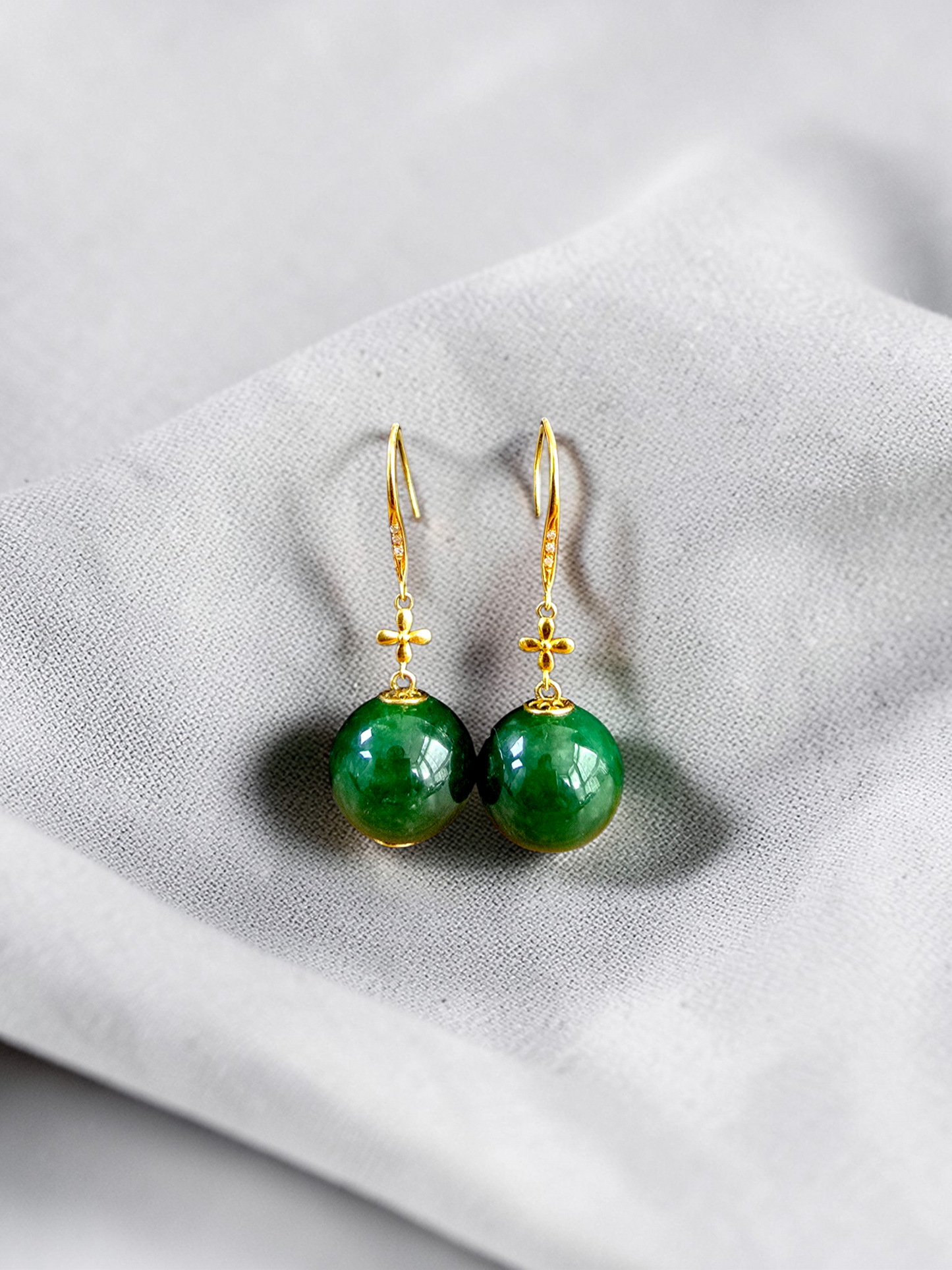 Kiyosu 11.50 mm Dangling Beads Deep Intense Green Burmese A-Jade French Hook Earrings (with 18K Yellow Gold and White Diamonds) - Certified