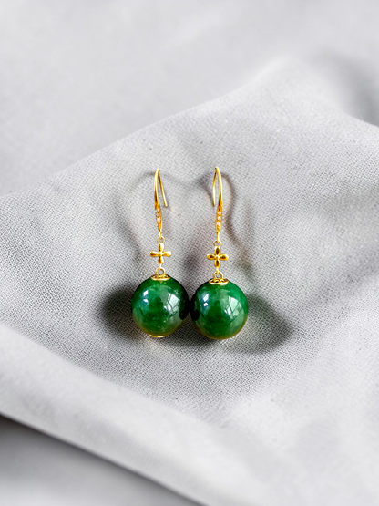 Kiyosu 11.50 mm Dangling Beads Deep Intense Green Burmese A-Jade French Hook Earrings (with 18K Yellow Gold and White Diamonds) - Certified