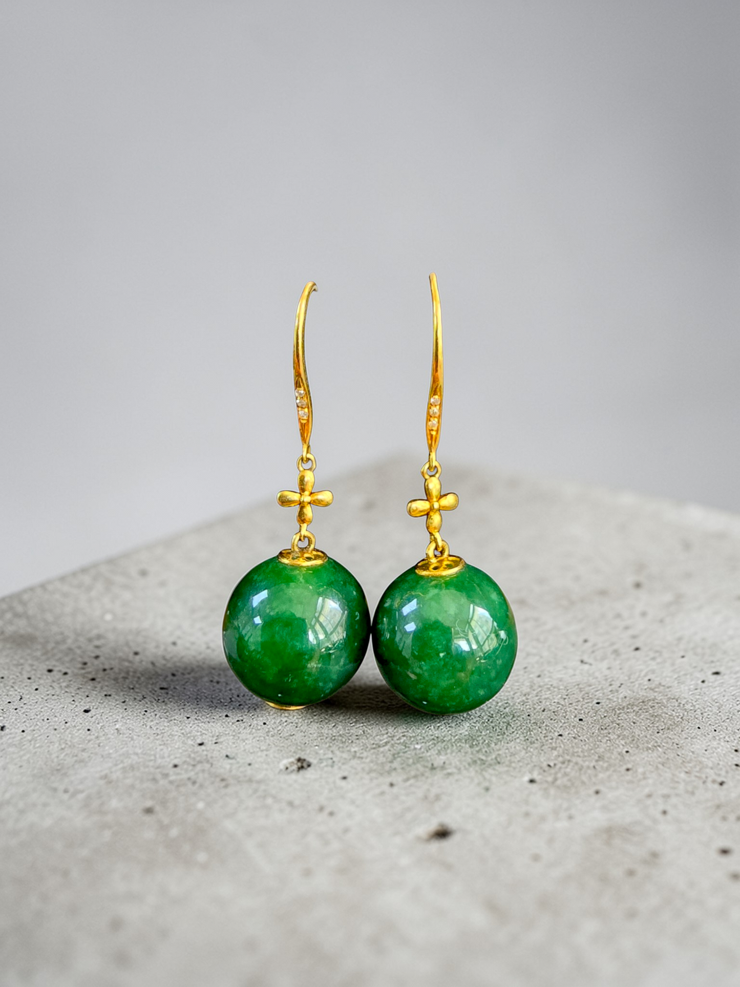 Kiyosu 11.50 mm Dangling Beads Deep Intense Green Burmese A-Jade French Hook Earrings (with 18K Yellow Gold and White Diamonds) - Certified