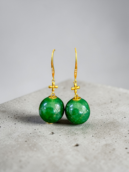 Kiyosu 11.50 mm Dangling Beads Deep Intense Green Burmese A-Jade French Hook Earrings (with 18K Yellow Gold and White Diamonds) - Certified