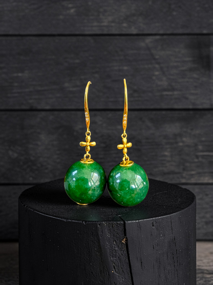 Kiyosu 11.50 mm Dangling Beads Deep Intense Green Burmese A-Jade French Hook Earrings (with 18K Yellow Gold and White Diamonds) - Certified