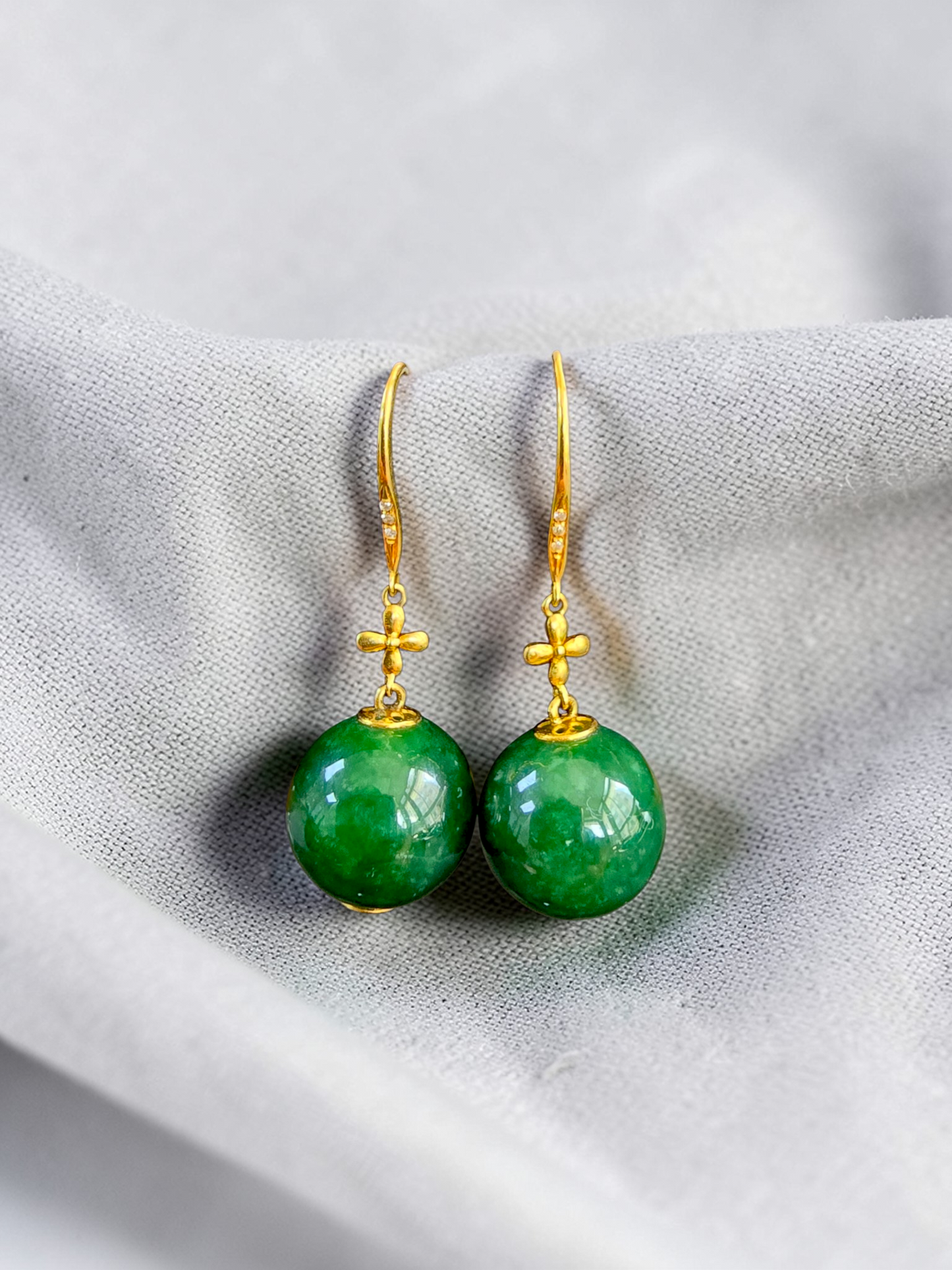 Kiyosu 11.50 mm Dangling Beads Deep Intense Green Burmese A-Jade French Hook Earrings (with 18K Yellow Gold and White Diamonds) - Certified