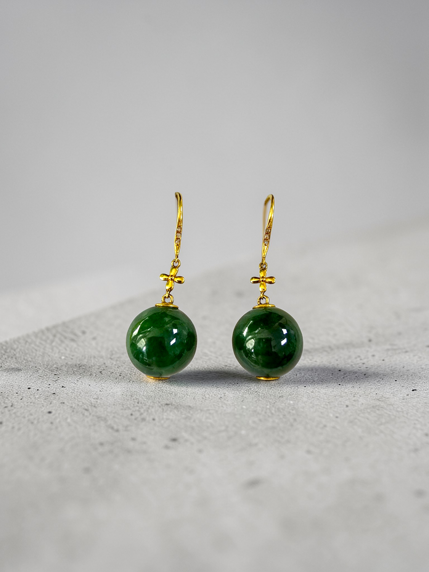 Kiyosu 11.50 mm Dangling Beads Deep Intense Green Burmese A-Jade French Hook Earrings (with 18K Yellow Gold and White Diamonds) - Certified
