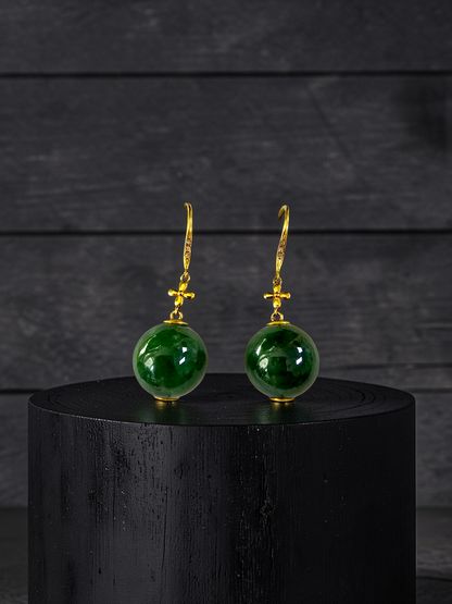 Kiyosu 11.50 mm Dangling Beads Deep Intense Green Burmese A-Jade French Hook Earrings (with 18K Yellow Gold and White Diamonds) - Certified