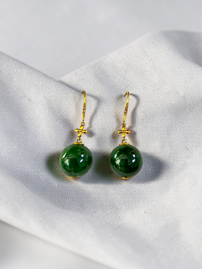 Kiyosu 11.50 mm Dangling Beads Deep Intense Green Burmese A-Jade French Hook Earrings (with 18K Yellow Gold and White Diamonds) - Certified
