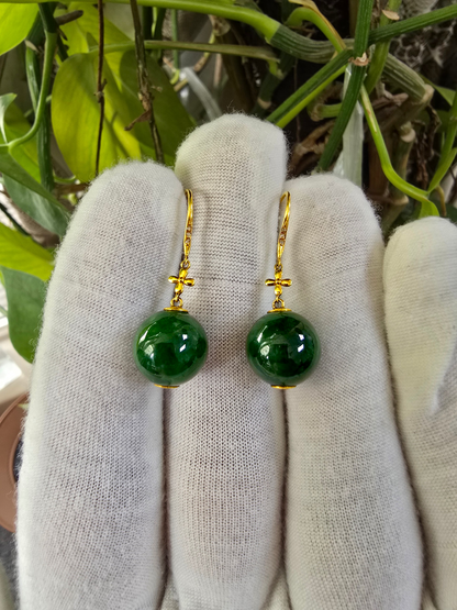 Kiyosu 11.50 mm Dangling Beads Deep Intense Green Burmese A-Jade French Hook Earrings (with 18K Yellow Gold and White Diamonds) - Certified