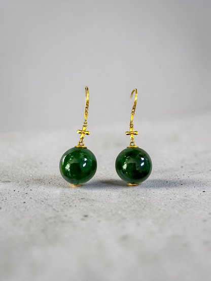 Kiyosu 11.50 mm Dangling Beads Deep Intense Green Burmese A-Jade French Hook Earrings (with 18K Yellow Gold and White Diamonds) - Certified