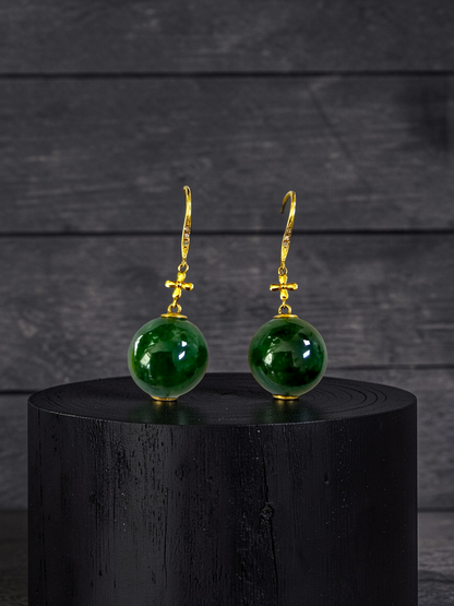 Kiyosu 11.50 mm Dangling Beads Deep Intense Green Burmese A-Jade French Hook Earrings (with 18K Yellow Gold and White Diamonds) - Certified