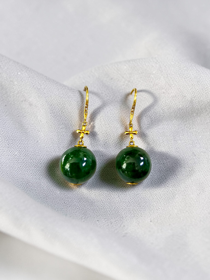 Kiyosu 11.50 mm Dangling Beads Deep Intense Green Burmese A-Jade French Hook Earrings (with 18K Yellow Gold and White Diamonds) - Certified