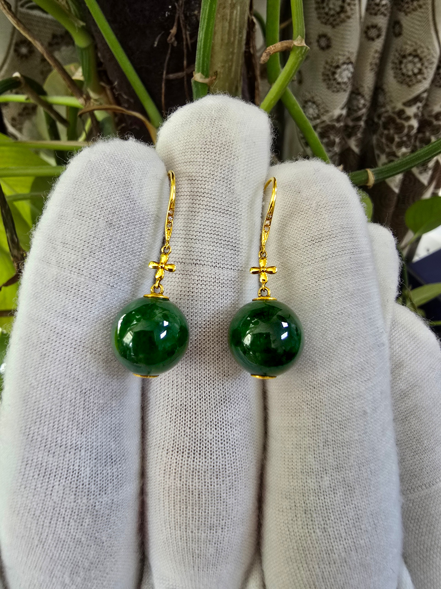 Kiyosu 11.50 mm Dangling Beads Deep Intense Green Burmese A-Jade French Hook Earrings (with 18K Yellow Gold and White Diamonds) - Certified