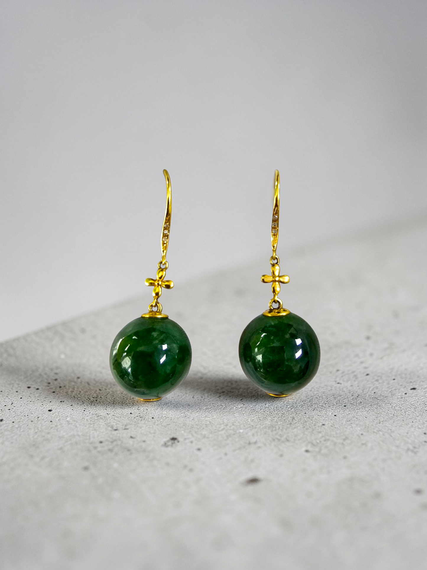 Kiyosu 11.50 mm Dangling Beads Deep Intense Green Burmese A-Jade French Hook Earrings (with 18K Yellow Gold and White Diamonds) - Certified