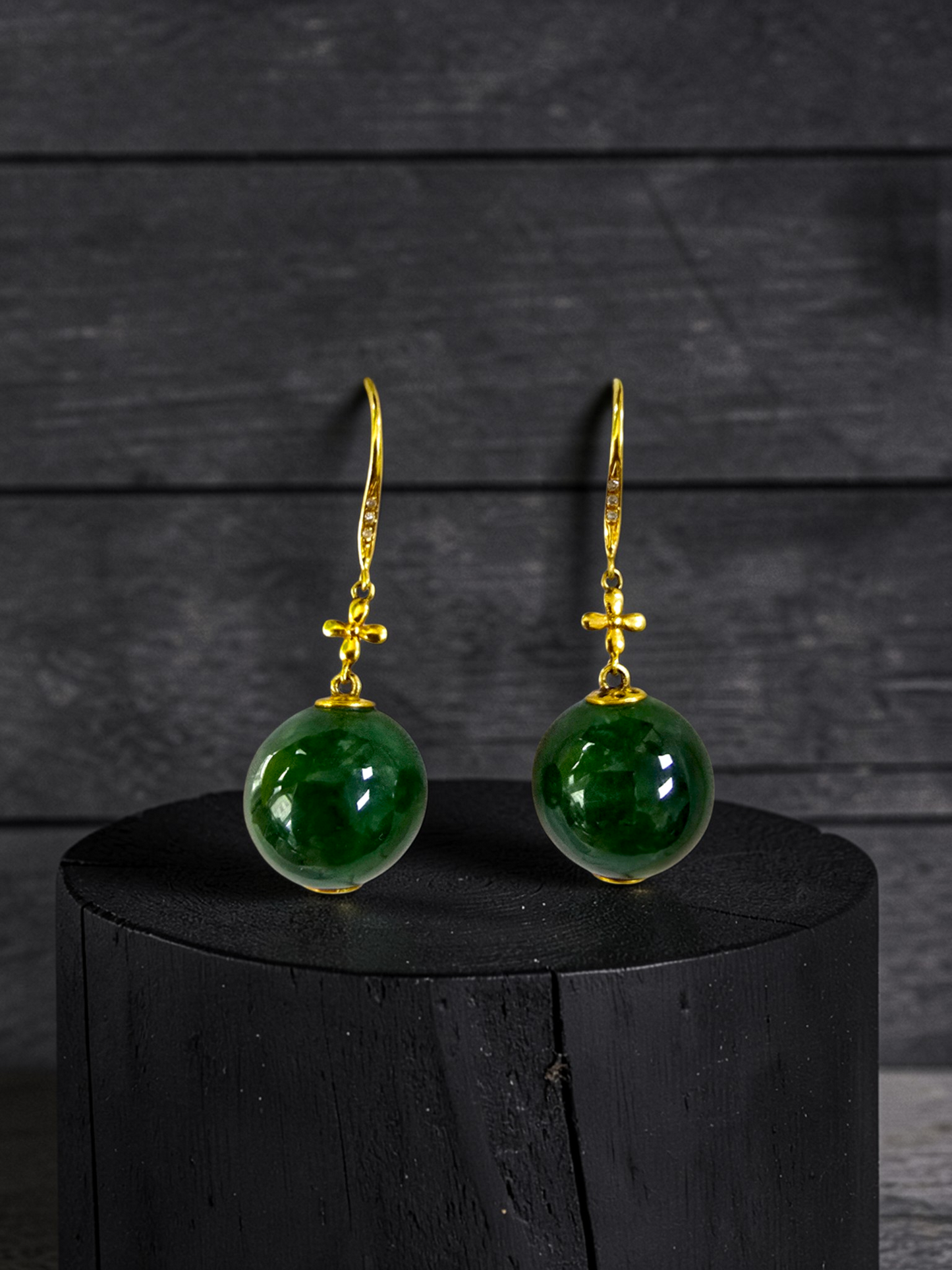 Kiyosu 11.50 mm Dangling Beads Deep Intense Green Burmese A-Jade French Hook Earrings (with 18K Yellow Gold and White Diamonds) - Certified
