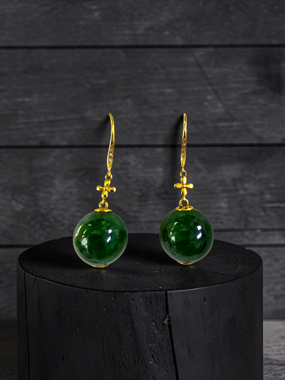 Kiyosu 11.50 mm Dangling Beads Deep Intense Green Burmese A-Jade French Hook Earrings (with 18K Yellow Gold and White Diamonds) - Certified