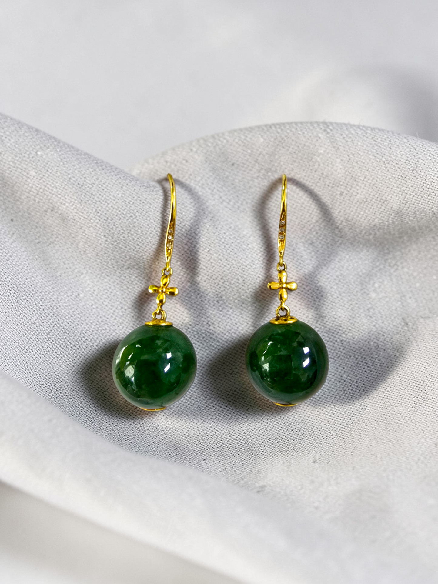 Kiyosu 11.50 mm Dangling Beads Deep Intense Green Burmese A-Jade French Hook Earrings (with 18K Yellow Gold and White Diamonds) - Certified