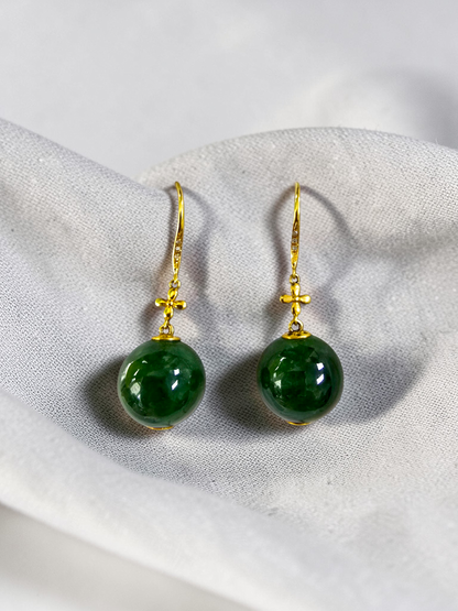 Kiyosu 11.50 mm Dangling Beads Deep Intense Green Burmese A-Jade French Hook Earrings (with 18K Yellow Gold and White Diamonds) - Certified