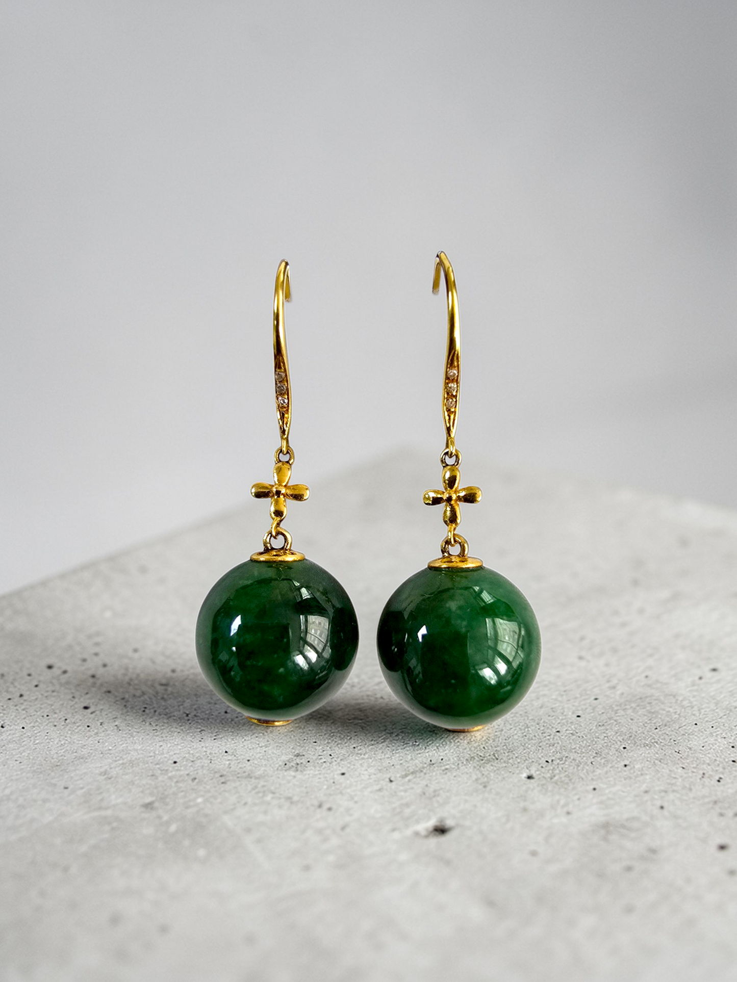Kiyosu 11.50 mm Dangling Beads Deep Intense Green Burmese A-Jade French Hook Earrings (with 18K Yellow Gold and White Diamonds) - Certified