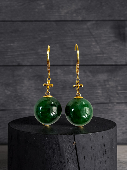Kiyosu 11.50 mm Dangling Beads Deep Intense Green Burmese A-Jade French Hook Earrings (with 18K Yellow Gold and White Diamonds) - Certified