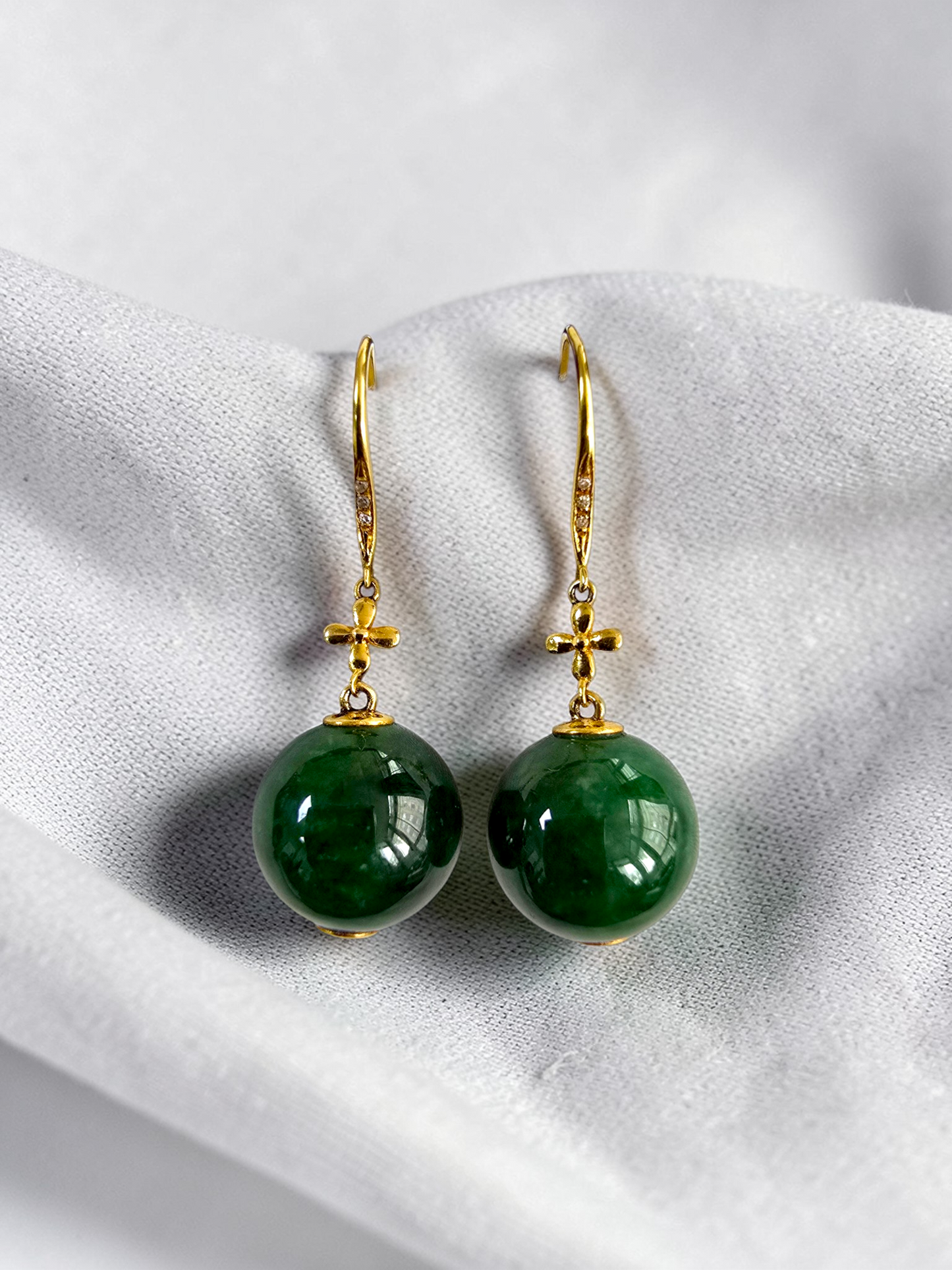 Kiyosu 11.50 mm Dangling Beads Deep Intense Green Burmese A-Jade French Hook Earrings (with 18K Yellow Gold and White Diamonds) - Certified